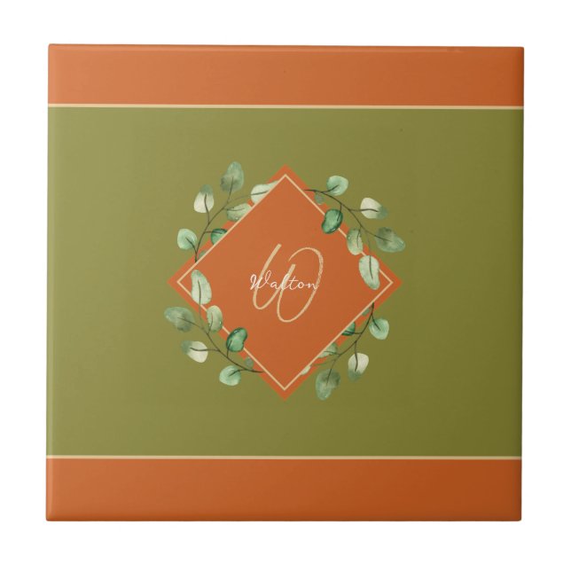 Fall Leaves Orange + Green Monogrammed Decorative Ceramic Tile (Front)