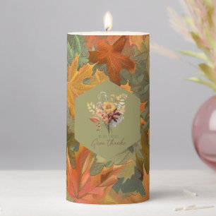 Fall Leaves Orange Green Yellow Pillar Candle