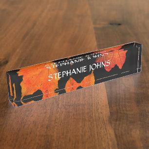Fall Leaves Orange Monogrammed Name Black 2020 Desk Name Plate