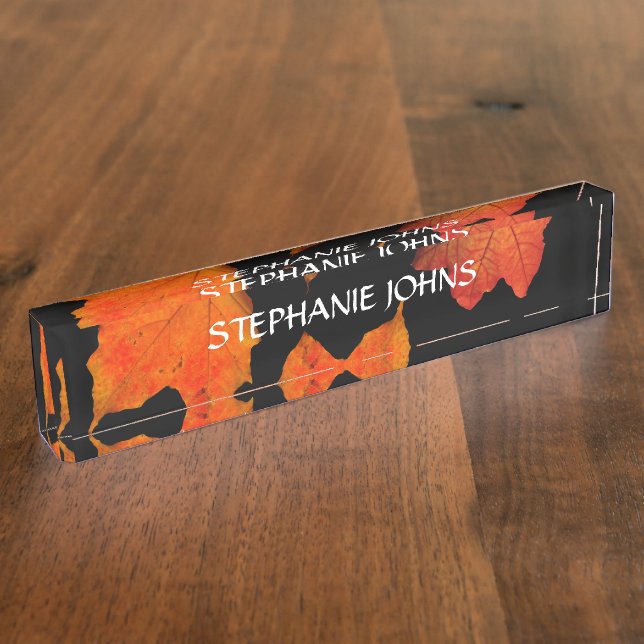 Fall Leaves Orange Monogrammed Name Black 2020 Desk Name Plate (Side)
