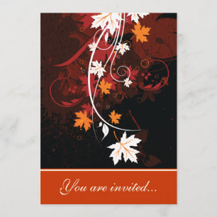 Fall leaves orange red white brown wedding invitation