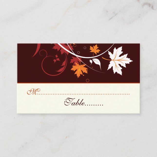 Fall leaves orange red white wedding place card (Front)