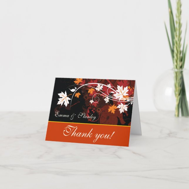 Fall leaves orange red white wedding Thank You Card (Front)