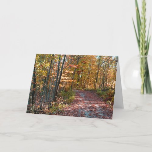 Fall leaves path in woods Autumn landscape Holiday Card