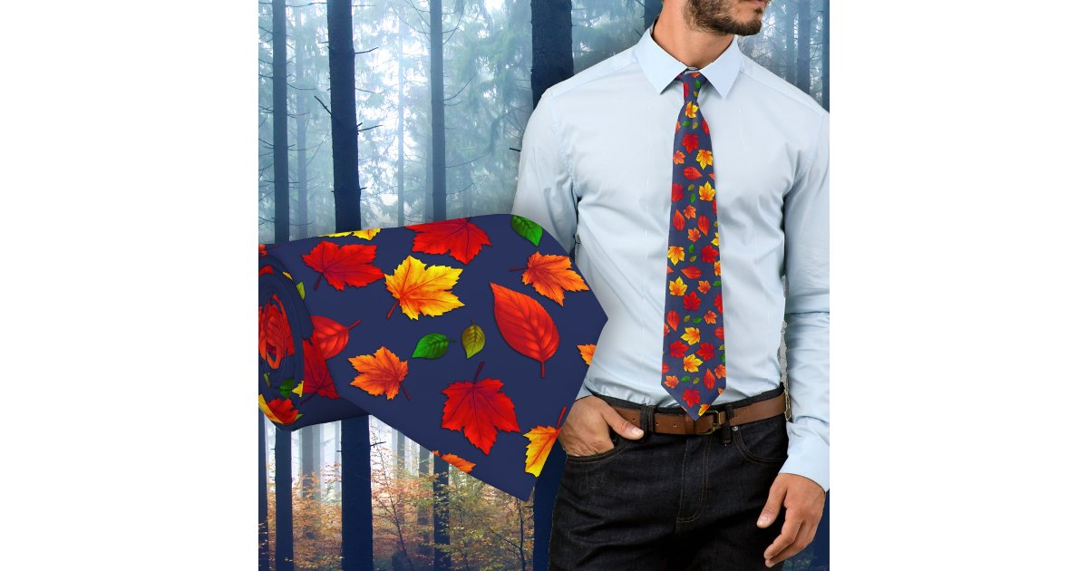 Fall Leaves Pattern Dark Blue Autumn Tie | Zazzle
