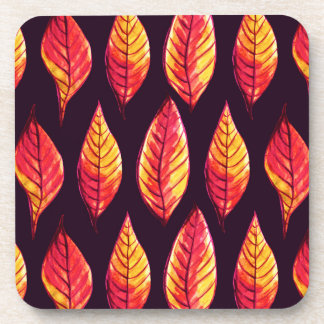 Fall Leaves Pattern In Dark Red And Yellow Beverage Coaster