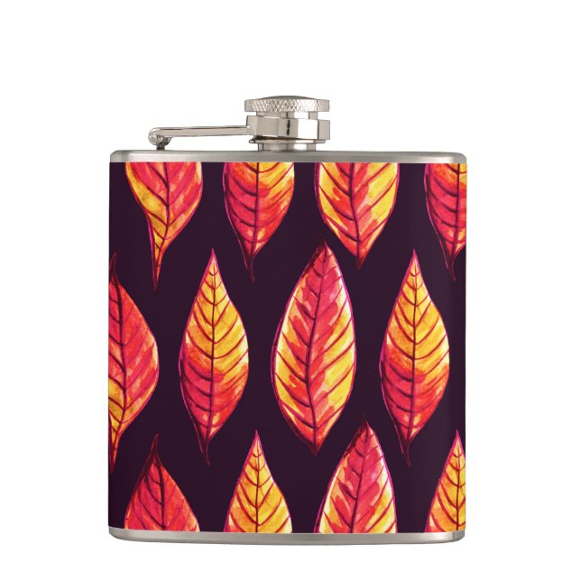 Fall Leaves Pattern In Dark Red And Yellow Flask (Front)