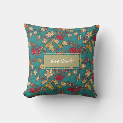Fall Leaves Pattern on Turquoise Autumn Throw Pillow