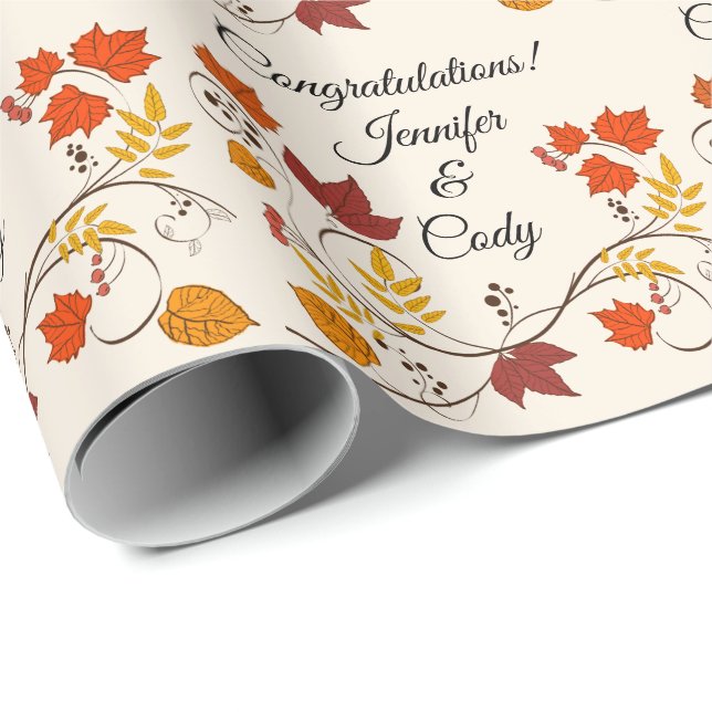 Fall Leaves Personalize  Names Wedding Gift Wrapping Paper (Roll Corner)