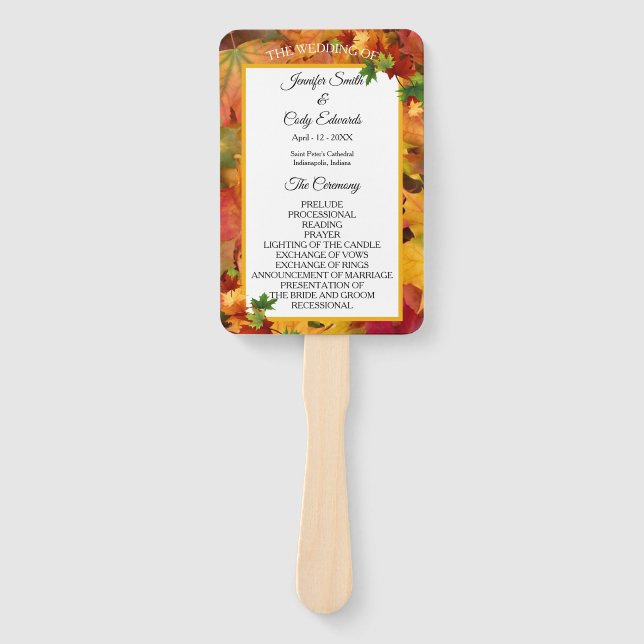 Fall Leaves Personalize Wedding Program Hand Fan (Front)