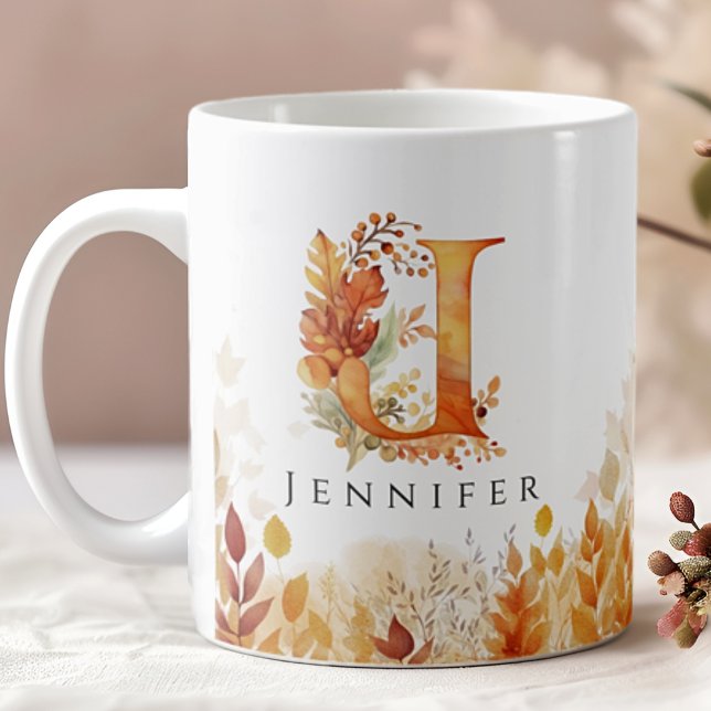 Fall Leaves Personalized Monogram Initial Letter J Coffee Mug (Creator Uploaded)