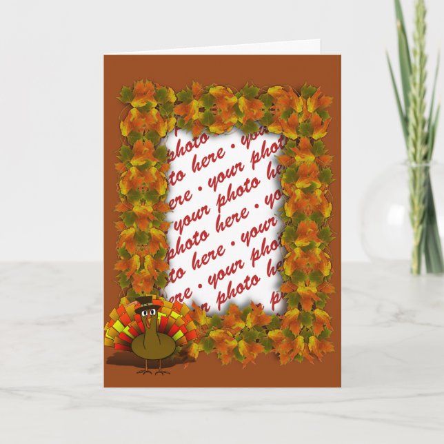 Fall Leaves & Pilgrim Turkey  Photo Frame Holiday Card (Front)