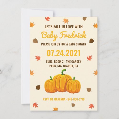 Fall leaves pumpkin baby shower invitation