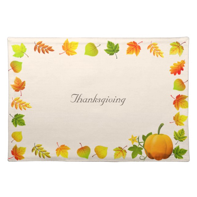 Fall Leaves & Pumpkin on Beige Thanksgiving Cloth Placemat (Front)