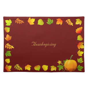 Fall Leaves & Pumpkin on Maroon Thanksgiving Cloth Placemat