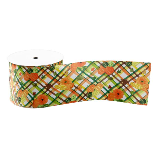 Fall Leaves Pumpkin Plaid Pattern Grosgrain Ribbon (Spool)