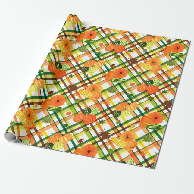 Fall Leaves Pumpkin Plaid Pattern Wrapping Paper (Unrolled)