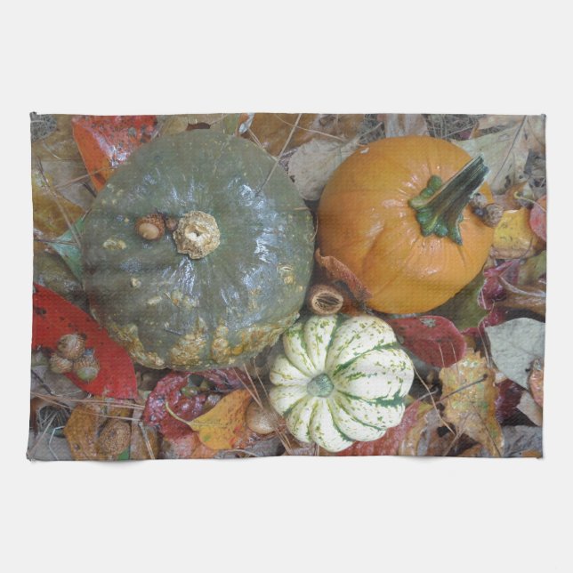 Fall leaves Pumpkins and Gourds Kitchen Towel (Horizontal)