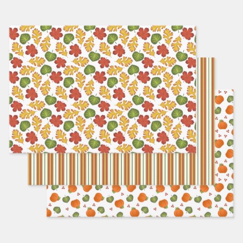 Fall Leaves Pumpkins and Stripes in Fall Colors  Wrapping Paper Sheets