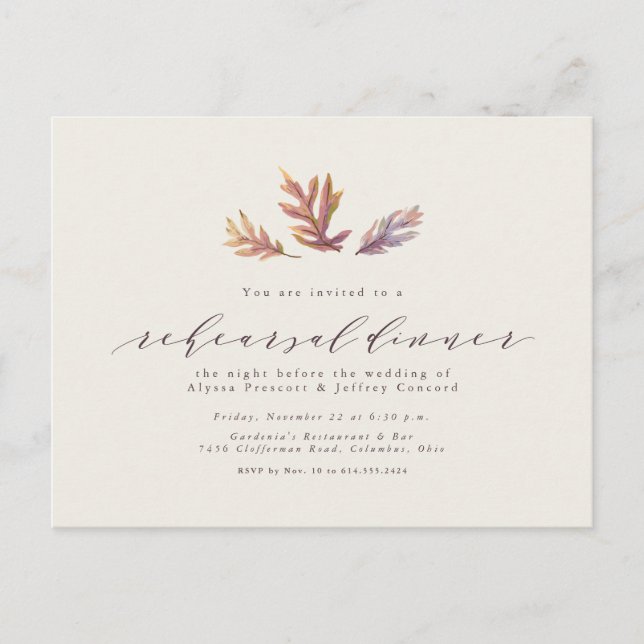 Fall leaves rehearsal dinner invitation postcard (Front)