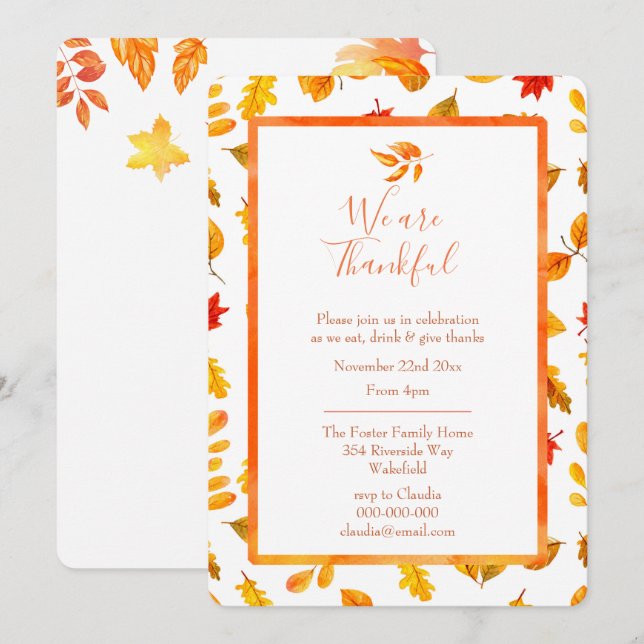 Fall Leaves Rustic Autumn Thanksgiving Dinner Invitation (Front/Back)