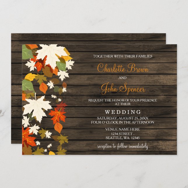 Fall leaves Rustic Barn Wood Fall Wedding Invites (Front/Back)