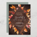 Fall Leaves | Rustic Brown Wood 40th Birthday Invitation<br><div class="desc">This fall leaves rustic brown wood 40th birthday invitation is perfect for an October birthday party. The rustic country design features stunning hand painted watercolor autumn leaves in sunset shades of yellow,  burnt orange,  and burgundy red which pops on a faux wood background.</div>