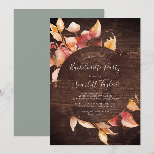 Fall Leaves | Rustic Brown Wood Bachelorette Invitation (Front/Back)