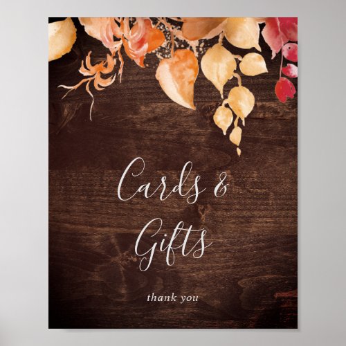 Fall Leaves Rustic Brown Wood Cards and Gifts Sign