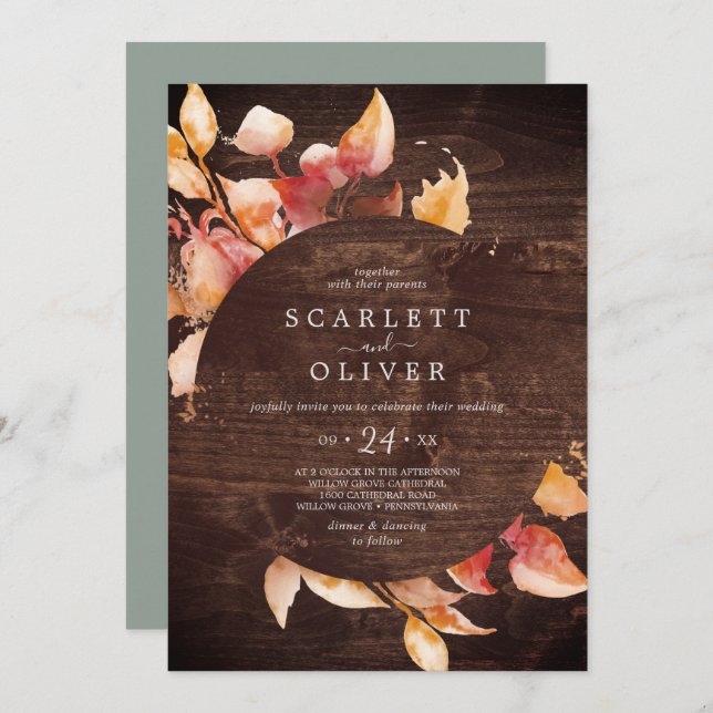 Fall Leaves | Rustic Brown Wood Casual Wedding Invitation (Front/Back)