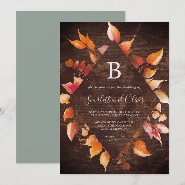 Fall Leaves | Rustic Brown Wood Diamond Wedding Invitation (Front/Back)