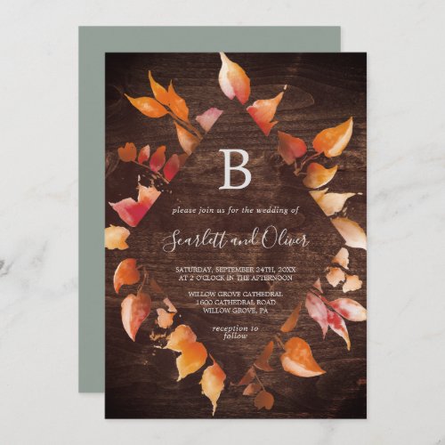 Fall Leaves  Rustic Brown Wood Diamond Wedding Invitation