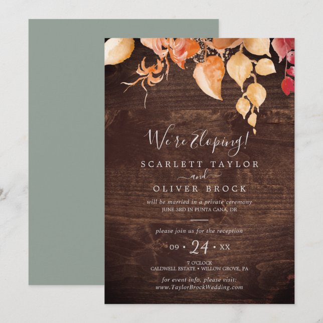 Fall Leaves Rustic Brown Wood Elopement Reception Invitation (Front/Back)