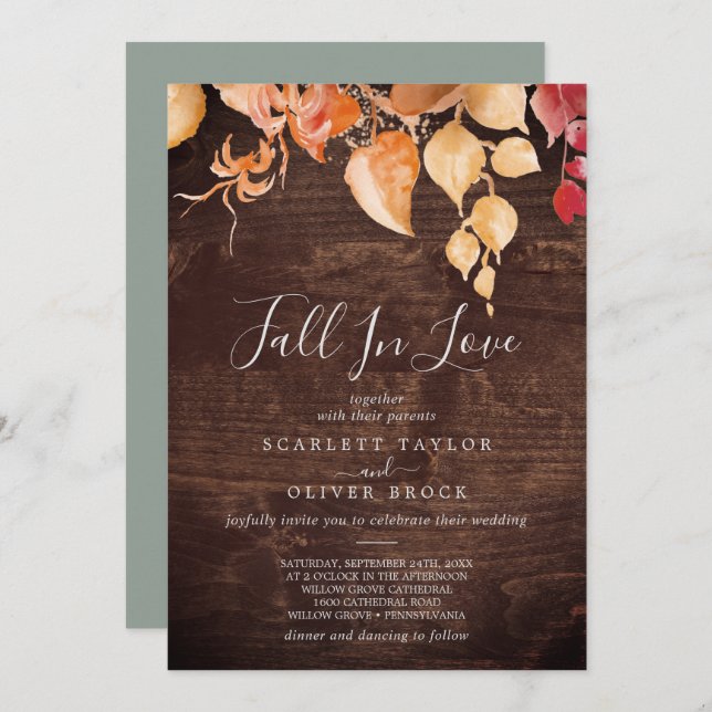 Fall Leaves Rustic Brown Wood Fall In Love Wedding Invitation (Front/Back)