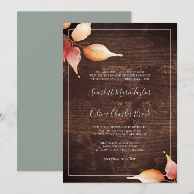 Fall Leaves | Rustic Brown Wood Formal Wedding Invitation (Front/Back)