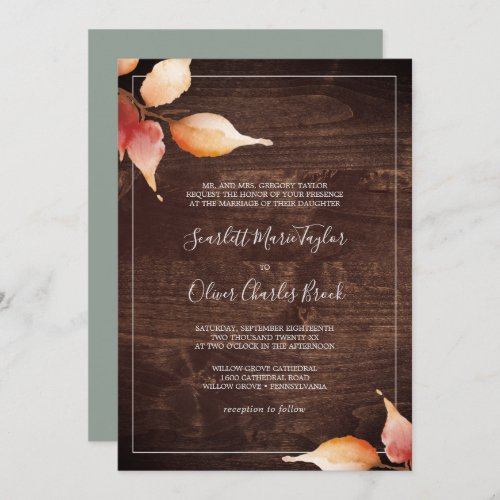 Fall Leaves  Rustic Brown Wood Formal Wedding Invitation