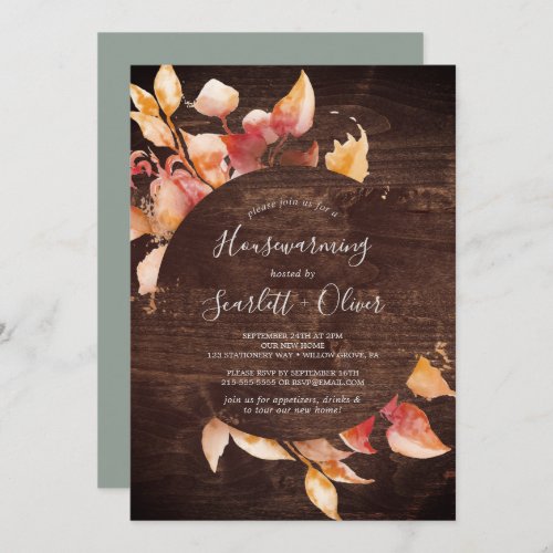 Fall Leaves  Rustic Brown Wood Housewarming Party Invitation