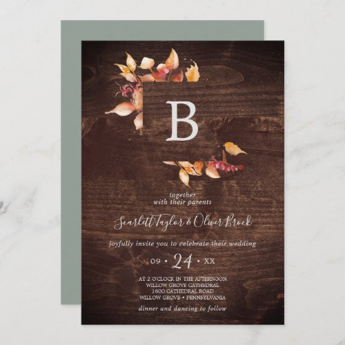 Fall Leaves  Rustic Brown Wood Monogram Wedding Invitation