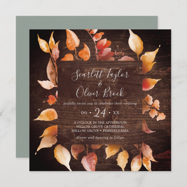 Fall Leaves | Rustic Brown Wood Square Wedding Invitation (Front/Back)