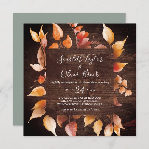 Fall Leaves  Rustic Brown Wood Square Wedding Invitation