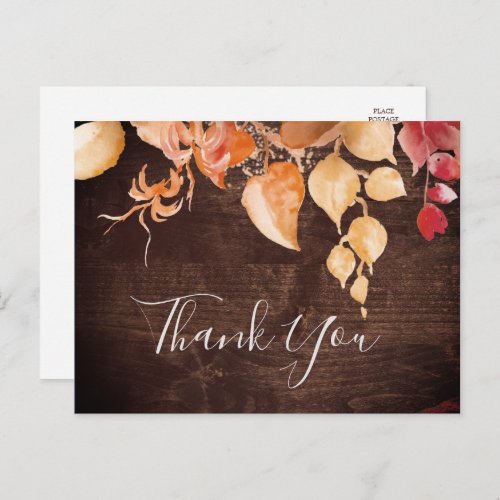 Fall Leaves  Rustic Brown Wood Thank You Postcard