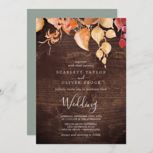 Fall Leaves  Rustic Brown Wood Wedding Invitation
