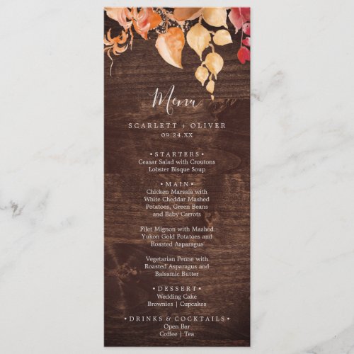 Fall Leaves  Rustic Brown Wood Wedding Menu