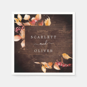 Fall Leaves Rustic Brown Wood Wedding Napkins