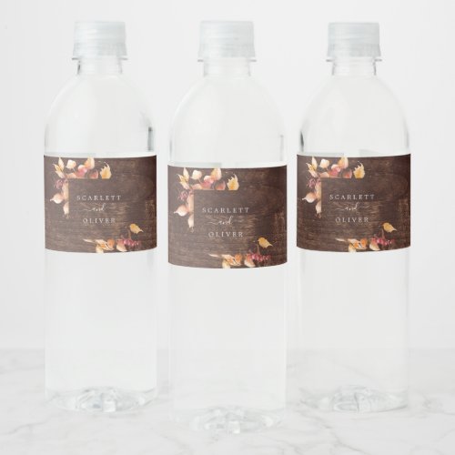 Fall Leaves  Rustic Brown Wood Wedding Water Bottle Label