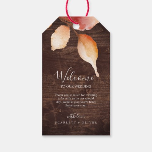 Fall Leaves  Rustic Brown Wood Wedding Welcome Gift Tags