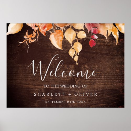 Fall Leaves  Rustic Brown Wood Welcome Wedding Poster