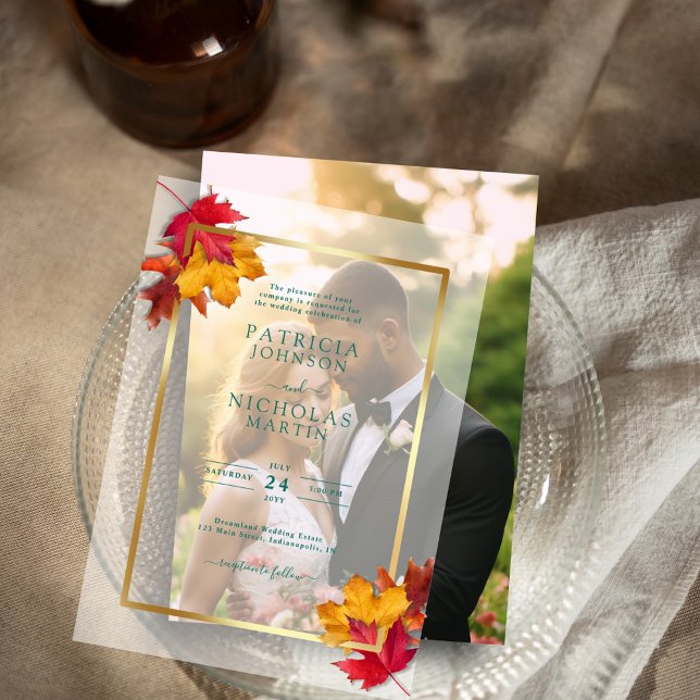 Fall Leaves Rustic Golden Frame Autumn Wedding Vellum Invitations (Creator Uploaded)