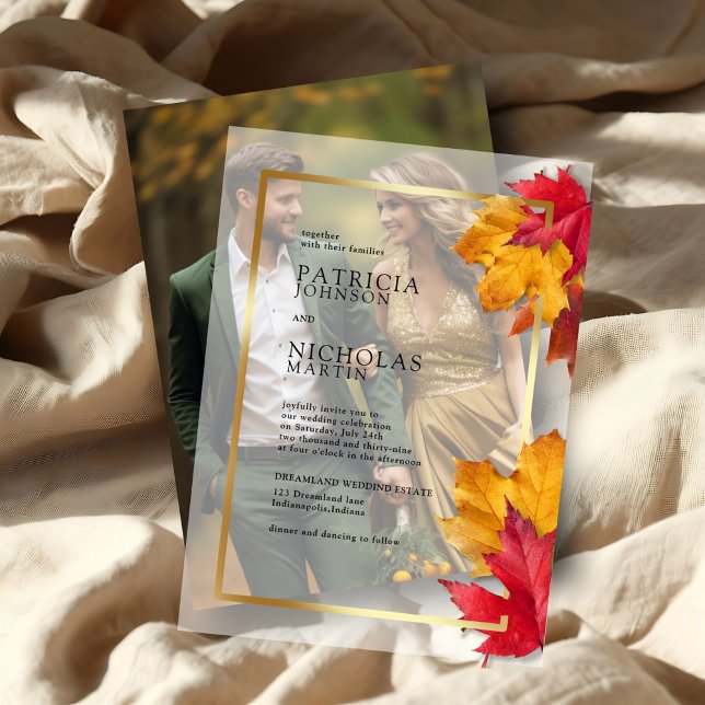 Fall Leaves Rustic Golden Frame Autumn Wedding Vellum Invitations (Creator Uploaded)