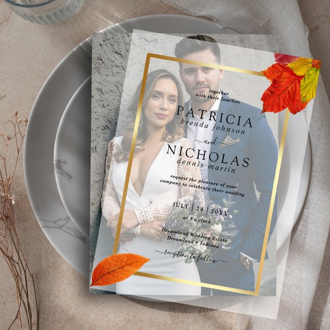 Fall Leaves Rustic Golden Frame  Autumn Wedding Vellum Invitations (Creator Uploaded)